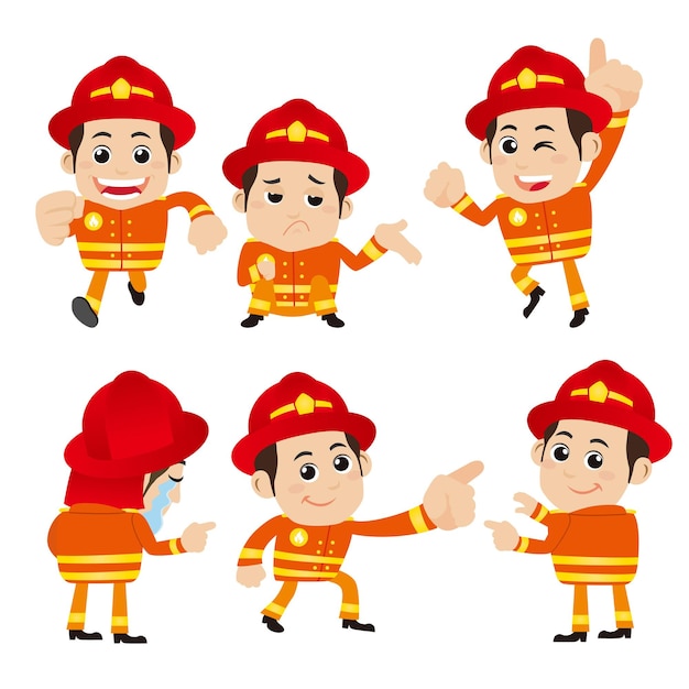 Personajes de bombero en diferentes poses.