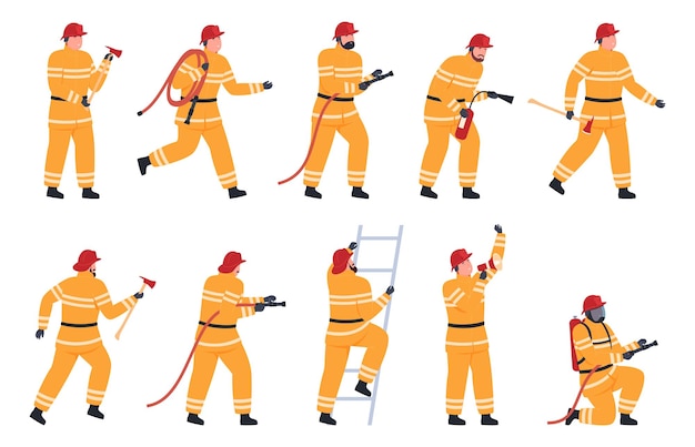 Personajes de bomberos en diferentes poses rescate en caso de incendio en el trabajo de rescate de la casa servicio de rescate en situaciones de emergencia ilustración vectorial
