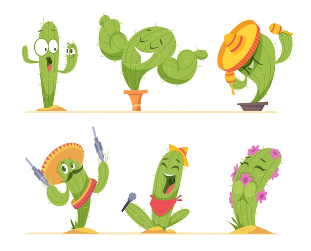 Personajes de cactus México plantas auténticas caras felices en estilo de dibujos animados imágenes vectoriales exactas de emoticonos de cactus en varias poses