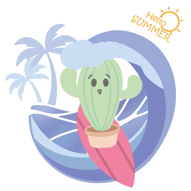 Los personajes de cactus se van de vacaciones de verano mientras se divierten surfeando.