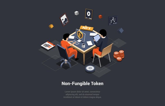 Los personajes de cadena de bloques de fichas no fungibles analizan y compran NFT en Marketplace para recolectar y obtener ganancias pagadas por coleccionables únicos en juegos o arte Concepto isométrico 3D Ilustración vectorial