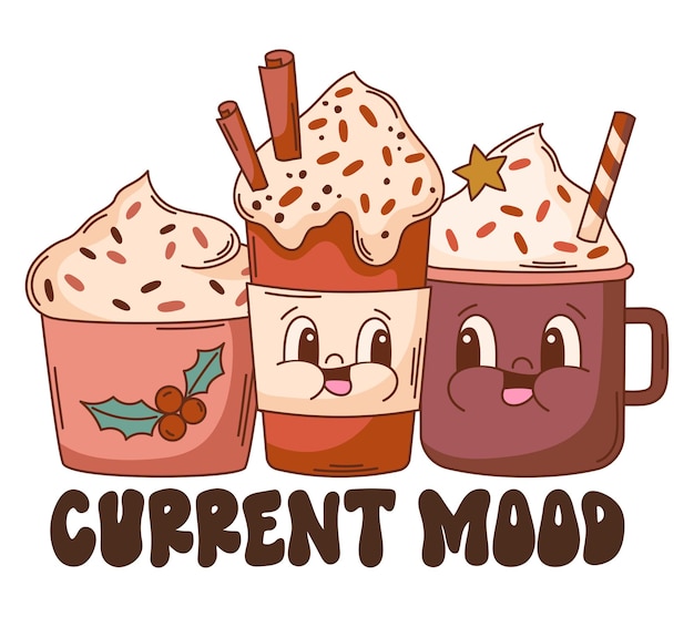 Personajes de café de Navidad. Impresión de vector de cita de chocolate caliente de Navidad