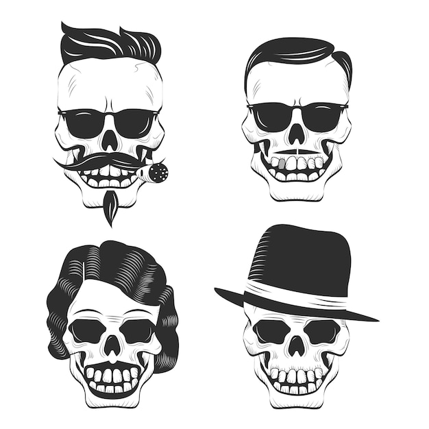 Personajes de calavera retro con diferentes cortes de pelo, bigotes, sombrero, cigarro. Siluetas negras aisladas, emblemas, iconos, etiquetas