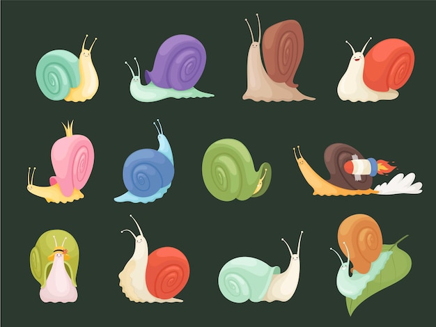 Vector personajes de caracoles. insectos de dibujos animados con ilustración de limo de babosa de concha de casa espiral.