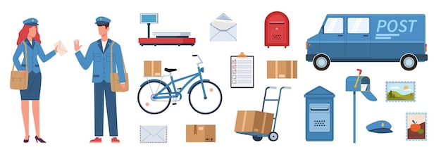 Personajes de cartero. Mujer y hombre en uniforme de cartero, equipo postal. Furgoneta y bicicleta, paquetes y buzones de correo, sobres de sellos postales, servicio de entrega, vector plano, conjunto aislado de vectores
