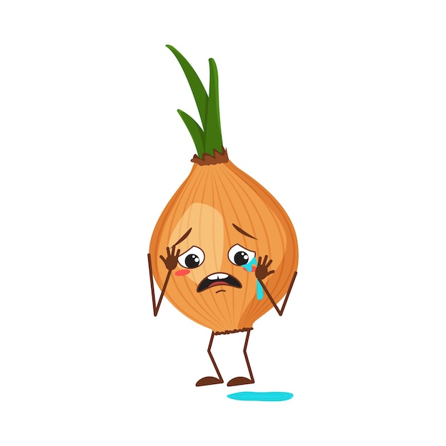 Personajes de cebolla con llanto y lágrimas emociones, cara, brazos y piernas. El héroe divertido o triste, vegetal. Ilustración vectorial plana