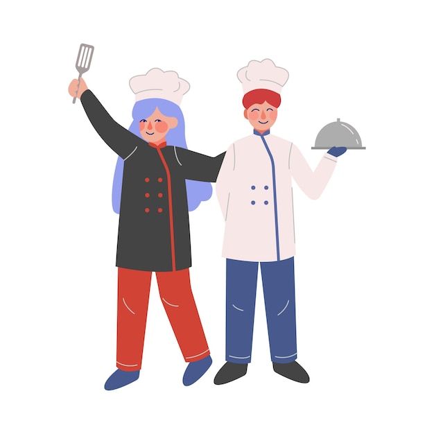 Personajes de chefs profesionales cocineros con uniforme tradicional trabajando en un restaurante o cafetería