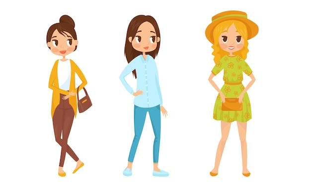 Personajes de chicas de moda de pie en diferentes posturas Ilustraciones vectoriales Mujeres con ropa de moda Colección