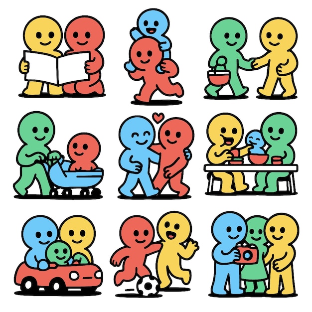 Personajes coloridos de dibujos animados que participan en varias actividades que muestran amistad y alegría