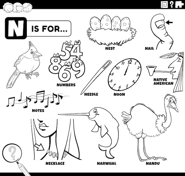 Personajes cómicos y objetos establecidos para la página del libro de colorear de la letra n con letra n para colorear Personajes cómicos y objetos establecidos para la página del libro de colorear de la letra n