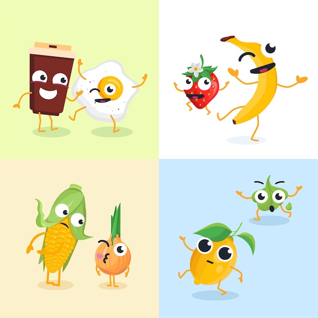 Personajes de comida divertida - conjunto de ilustraciones vectoriales modernas. lindo emoji de una taza de café, plátano, huevo frito, fresa, limón, maíz, cebolla, wasabi. colección de emoticonos de dibujos animados de alta calidad.