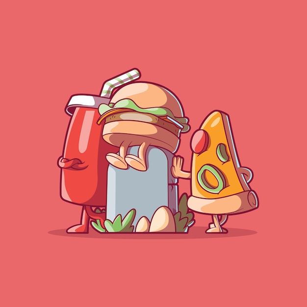 Vector personajes de comida rápida cerca de una lápida ilustración vectorial de dieta salud concepto de diseño divertido