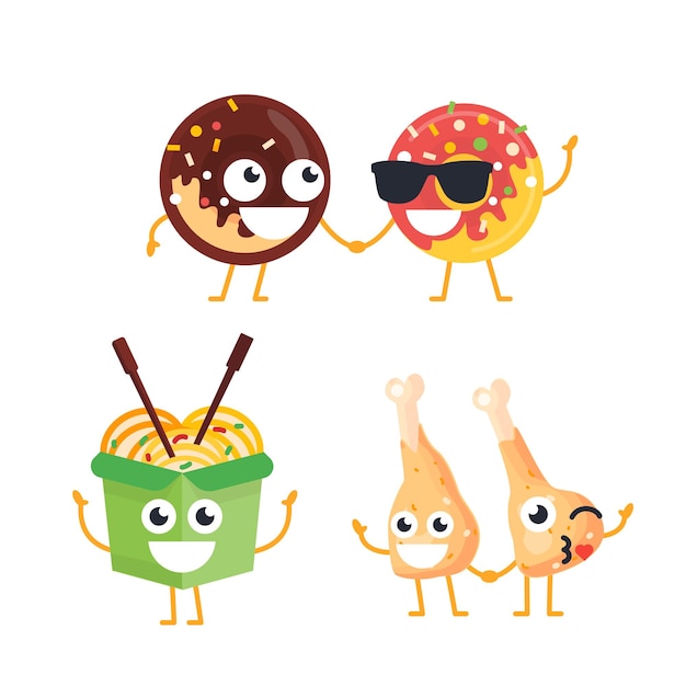 Vector personajes de comida rápida: conjunto de plantillas vectoriales modernas de ilustraciones de mascotas. imágenes de regalo de donas, wok, patas de pollo de pie, saludando y sonriendo