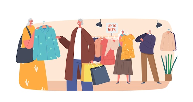 Personajes de compradores senior en rebajas de temporada o descuento en fashion outlet adicto a las compras envejecido con compras en bolsas de papel