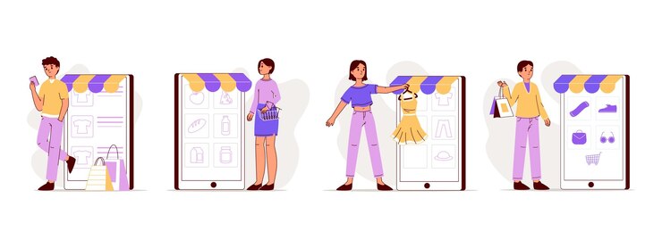 Vector personajes de compras en línea personas que compran productos en la ilustración de vector plano de tienda móvil