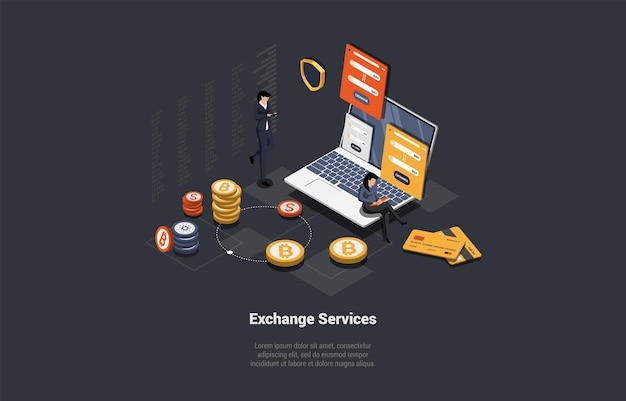 Los personajes del concepto de servicio de cambio de divisas compran y venden divisas con la aplicación móvil y el servicio P2P Interfaz de cambio de divisas mundial para fiat y criptomonedas Isométrica 3d Vector