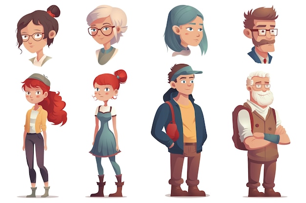 Vector personajes conceptuales de personas este diseño plano de dibujos animados representa un conjunto de diversos personajes de personas