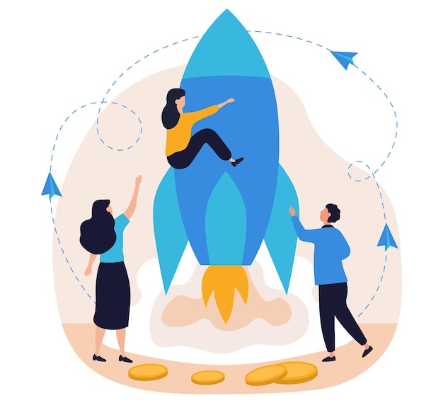 Vector los personajes conceptuales de startup y trabajo en equipo lanzan una metáfora de cohete para el éxito empresarial de la innovación