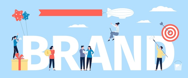Personajes de construcción de marca equipo de diseñadores y desarrolladores creativos Jóvenes empresarios crean una puesta en marcha Escena vectorial de promoción y marketing digital de marketing de marca e ilustración de diseñador