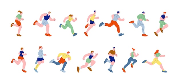 Personajes de corredor adolescente en movimiento atletas de dibujos animados corriendo actividades y prisa joven deportista plano correr jogging hombre mujer en ropa deportiva kicky vector conjunto