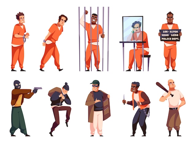 Personajes criminales de dibujos animados en el exterior y en la prisión ladrón estafador traficante y matón hombres armados personas en trajes naranjas sentados en la cárcel ley de jaula y castigo conjunto vectorial ordenado