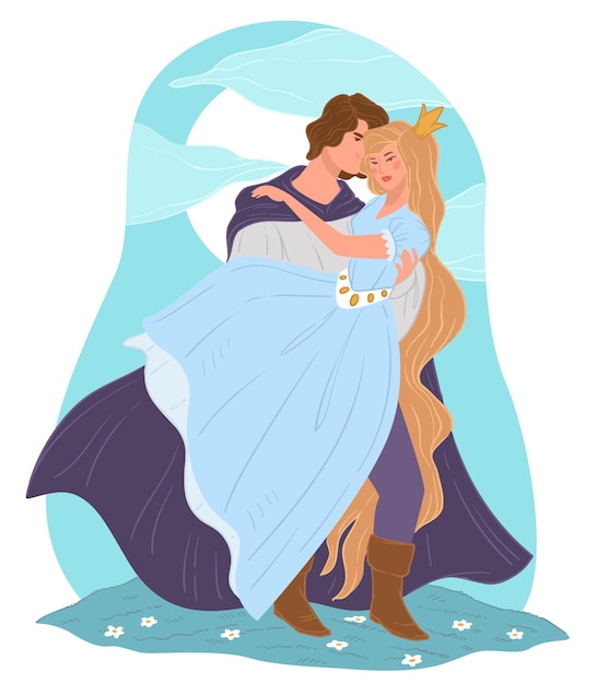 Vector personajes de cuento de hadas enamorados, príncipe sosteniendo princesa besando y abrazando a la novia. hombre y mujer de historias de fantasía en libros. dama y caballero de la familia real. vector en estilo plano