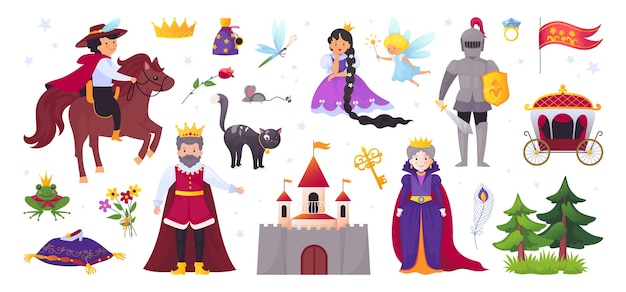 Vector personajes de cuentos de hadas medievales encantadora de dibujos animados con castillo príncipe y princesa caballeros leyenda batalla rey y bruja reino de fantasía vector ficción historia elementos de ilustración conjunto