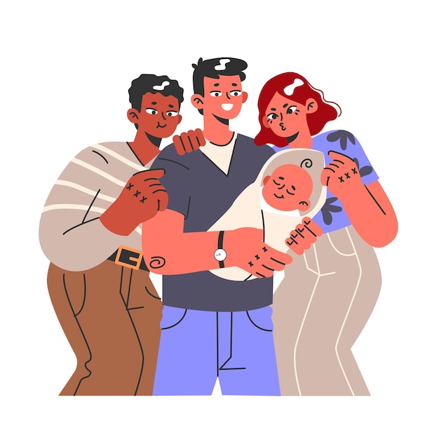 Personajes dando la bienvenida a un recién nacido en la fiesta de baby shower Amigos felices