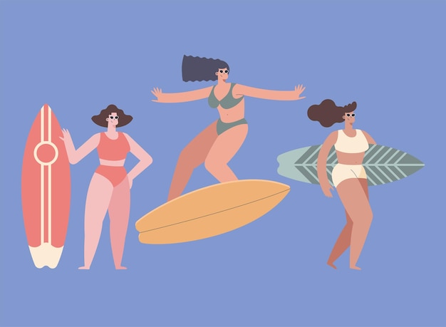 Vector personajes de deportistas de surfistas femeninas