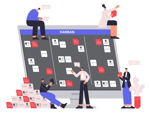 Los personajes de los desarrolladores de software trabajan con el tablero de tareas scrum. ilustración de vector de flujo de trabajo de gestión de proyectos de tablero kanban. proceso de trabajo de desarrollo de software