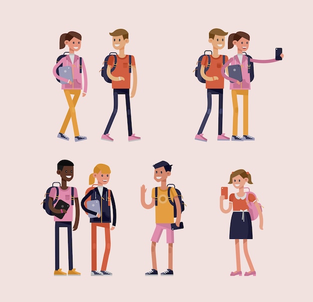 personajes detallados de los escolares. niño y niña sonriendo, sosteniendo gadgets y mochilas. Ilustración de estilo plano
