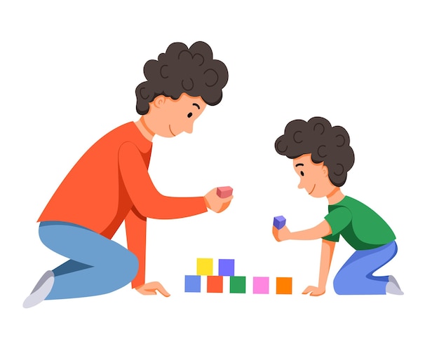 Vector personajes para el día del padre padre e hijo juegan juntos con dados construyen un castillo