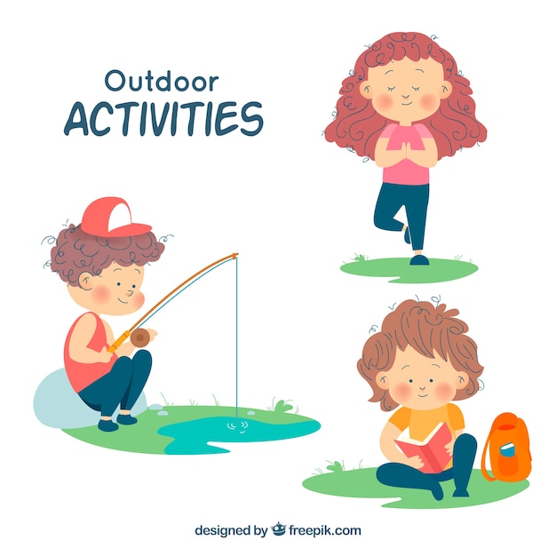 Vector personajes dibujados a mano haciendo actividades de ocio al aire libre