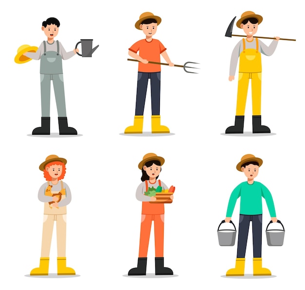 Personajes de dibujos animados de agricultores Trabajos agrícolas y cosechas de productos locales. Conjunto de anuncio para feria agrícola estacional aislado. Elemento de diseño para uso del diseñador gráfico en obras de arte, sitio web.