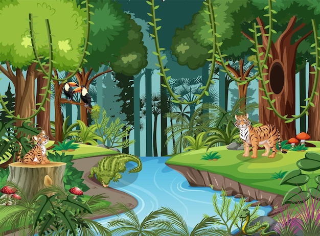 Personajes de dibujos animados de animales salvajes en la escena del bosque.