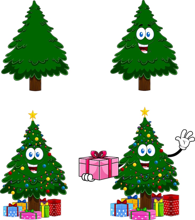 Vector personajes de dibujos animados de árbol de navidad verde feliz. conjunto de colección de vectores dibujados a mano