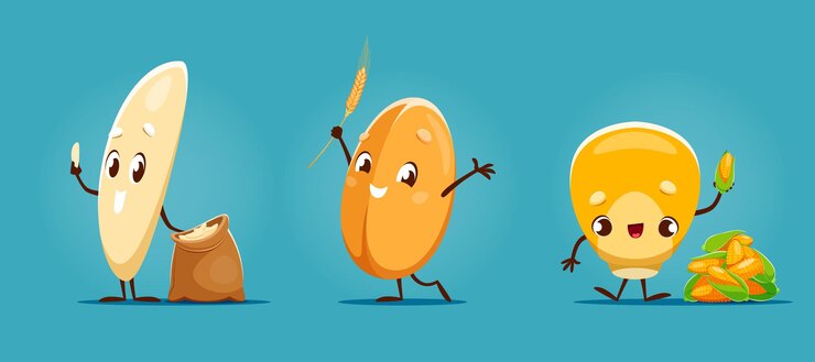 Vector personajes de dibujos animados de arroz de trigo y grano de maíz