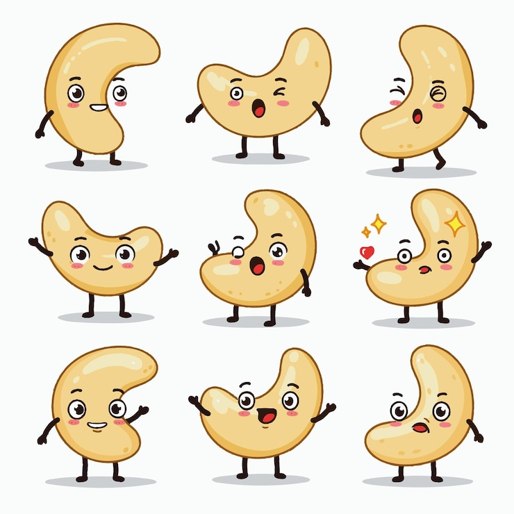 Vector personajes de dibujos animados de caju con diferentes expresiones