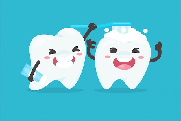 Vector personajes de dibujos animados cepillarse los dientes para limpiar sus dientes concepto de dentista dental.