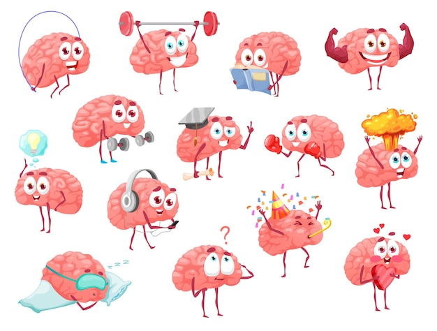 Personajes de dibujos animados del cerebro, lluvia de ideas, salud, deporte y conjunto de vectores de actividad de ocio. linda mascota con cara divertida haciendo ejercicio con barra, tiene una gran idea, sostiene el corazón. emociones felices, divertido conjunto aislado