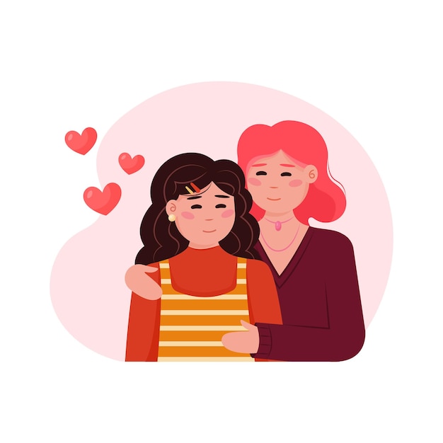 Personajes de dibujos animados de colores de la joven pareja de lesbianas abrazándose