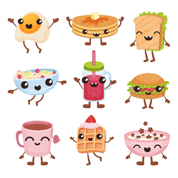 Los personajes de dibujos animados de comida rápida preparan deliciosos platos y bebidas con caras sonrientes. ilustración vectorial aislada sobre un fondo blanco
