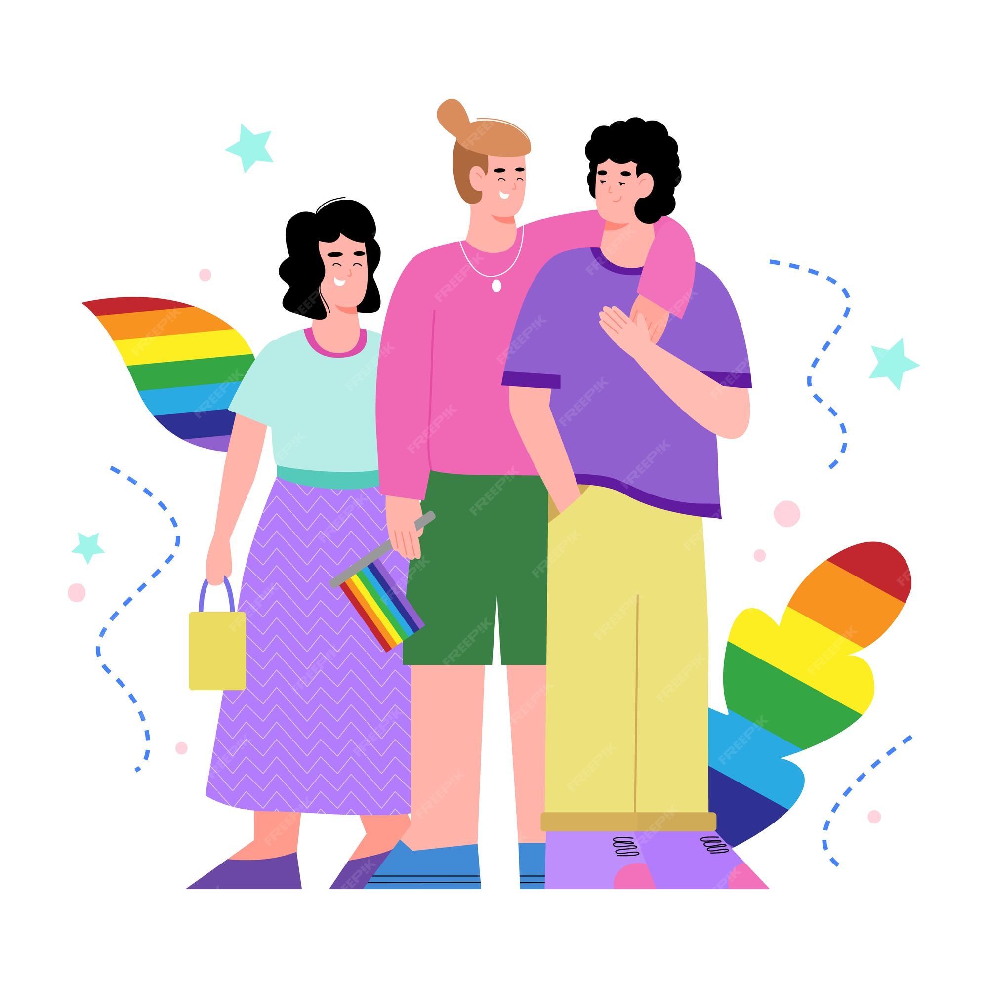Personajes de dibujos animados de la comunidad lgbt con símbolos de arco iris, ilustración vectorial plana aislada sobre fondo blanco. movimiento homosexual y lésbico contra la discriminación. | Vector Premium Personajes de dibujos animados de la comunidad lgbt con símbolos de arco iris, ilustración vectorial plana aislada sobre fondo blanco. movimiento homosexual y lésbico contra la discriminación. | Vector Premium