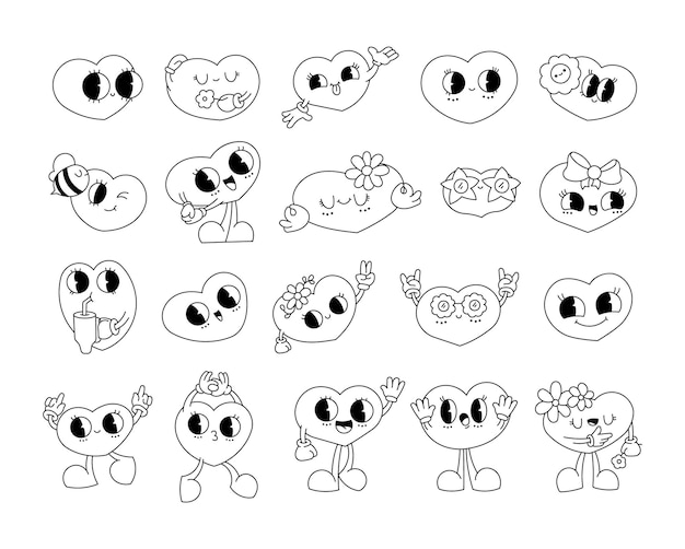 Personajes de dibujos animados de corazón retro