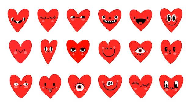 Personajes de dibujos animados de corazón rojo con emoticono de caras graciosas. Símbolo del día de San Valentín. Lindos corazones románticos con ojos para logo o conjunto de vectores de pegatinas