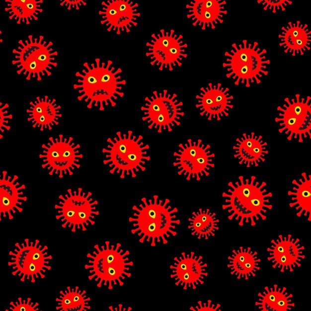 Personajes de dibujos animados de Corona Virus sobre fondo negro de patrones sin fisuras Patógeno respiratorio coronavirus 2019nCoV de Wuhan China Plantilla vectorial para póster de tela volante, etc.