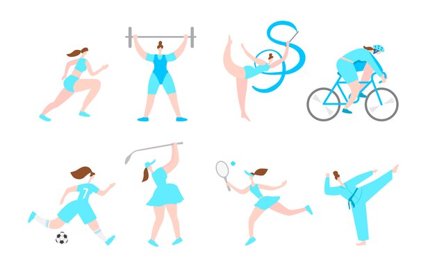 Personajes de dibujos animados de deporte profesional de mujeres. Estilo de vida saludable. Chica Actividades Femeninas. Ilustración plana