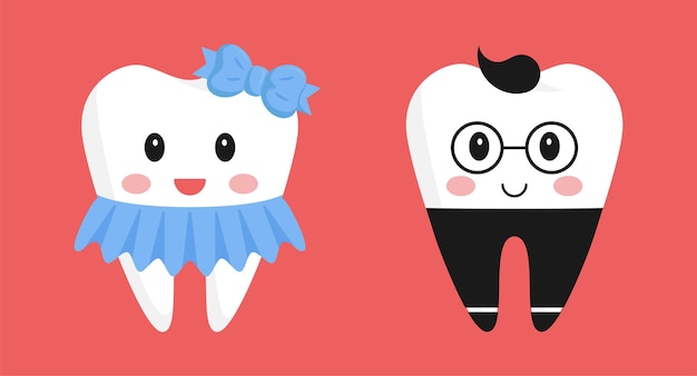 Personajes de dibujos animados de dientes. linda chica con falda y lazo, adorable niño con pantalones y gafas.