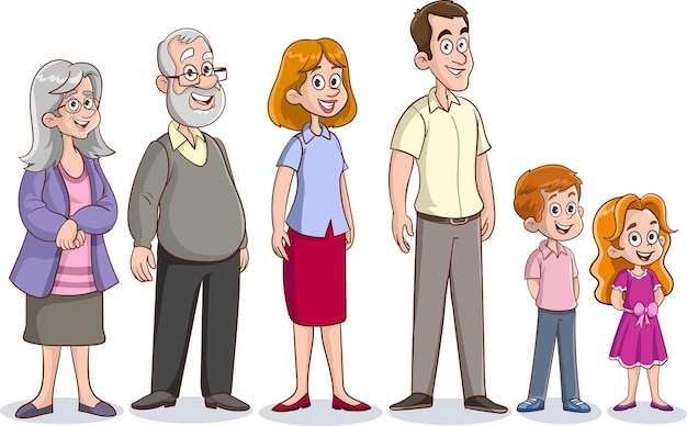 Personajes de dibujos animados en diferentes edades.familia extendida.Ilustración de una gran familia extendida