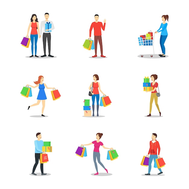 Vector personajes de dibujos animados, diferentes personas de compras con bolsas, venta en tienda, concepto, elemento, diseño plano, estilo, ilustración vectorial